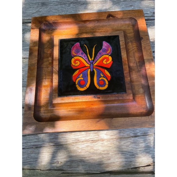 Vintage MCM Teak Wood Style Footed Tray Trivet Tile Butterfly - Picture 3 of 14